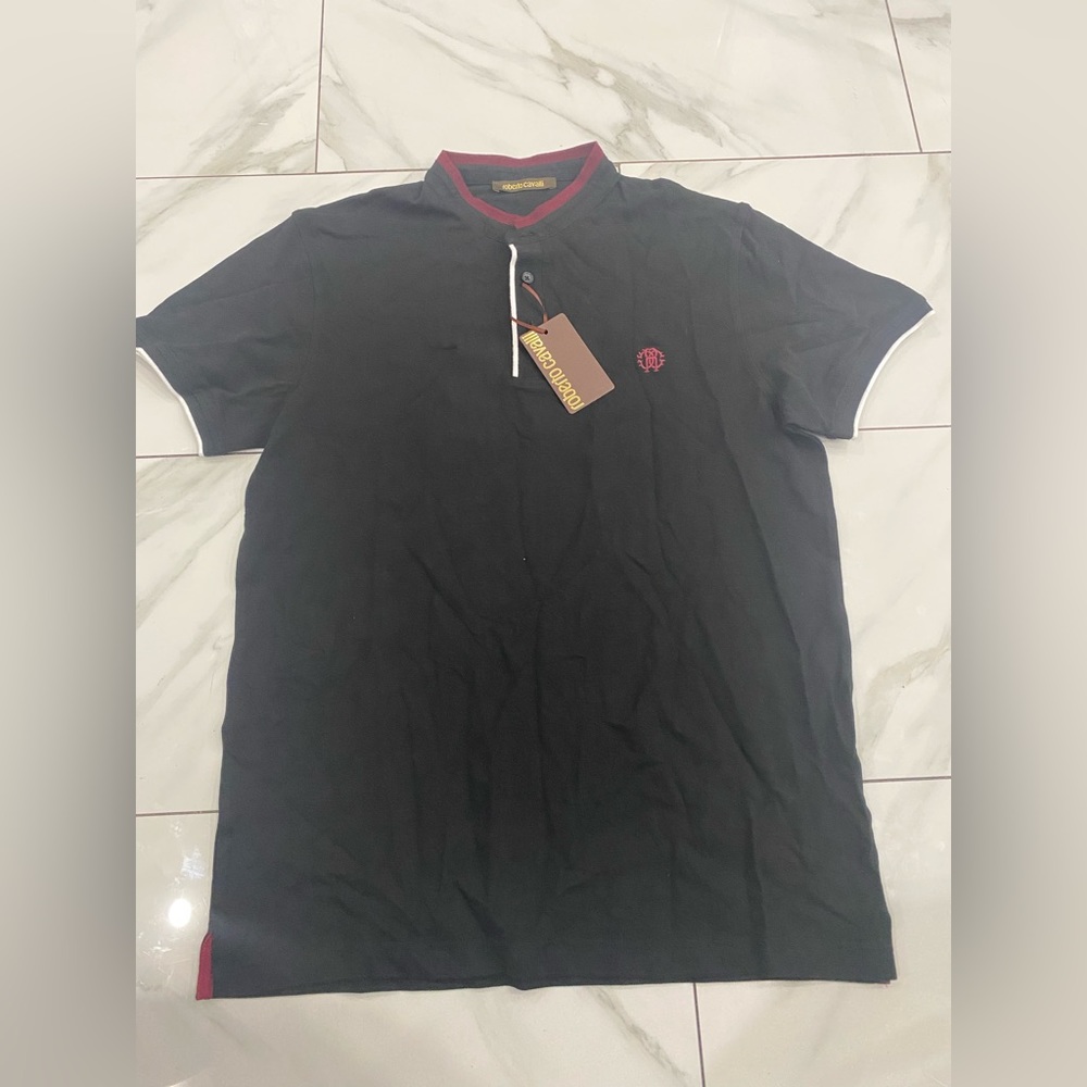 Roberto Cavalli men's mandrian collared logo shirt sz L cotton black